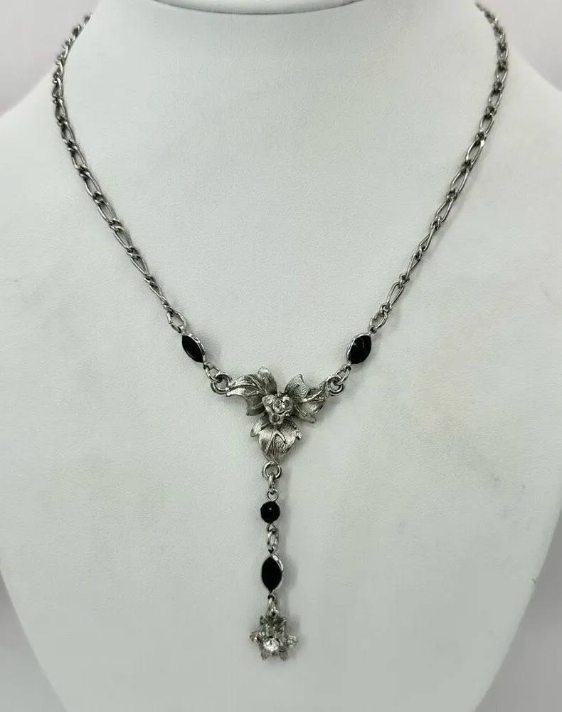 silver tone and black floral rhinestone pendant necklace