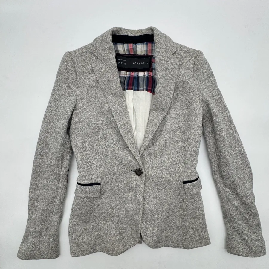 ZARA BASIC Women Grey Tweed Blazer Jacket Elbow Patches Size XS Gray