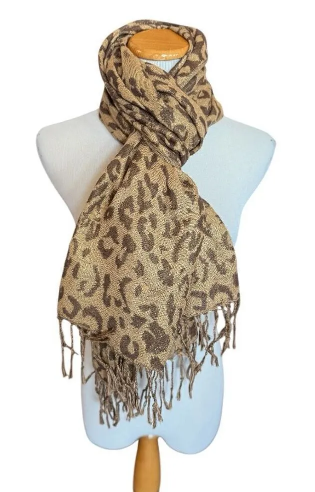 Womens Pashmina Animal Print Stunning Metallic Thread Fringe Scarf Shaw