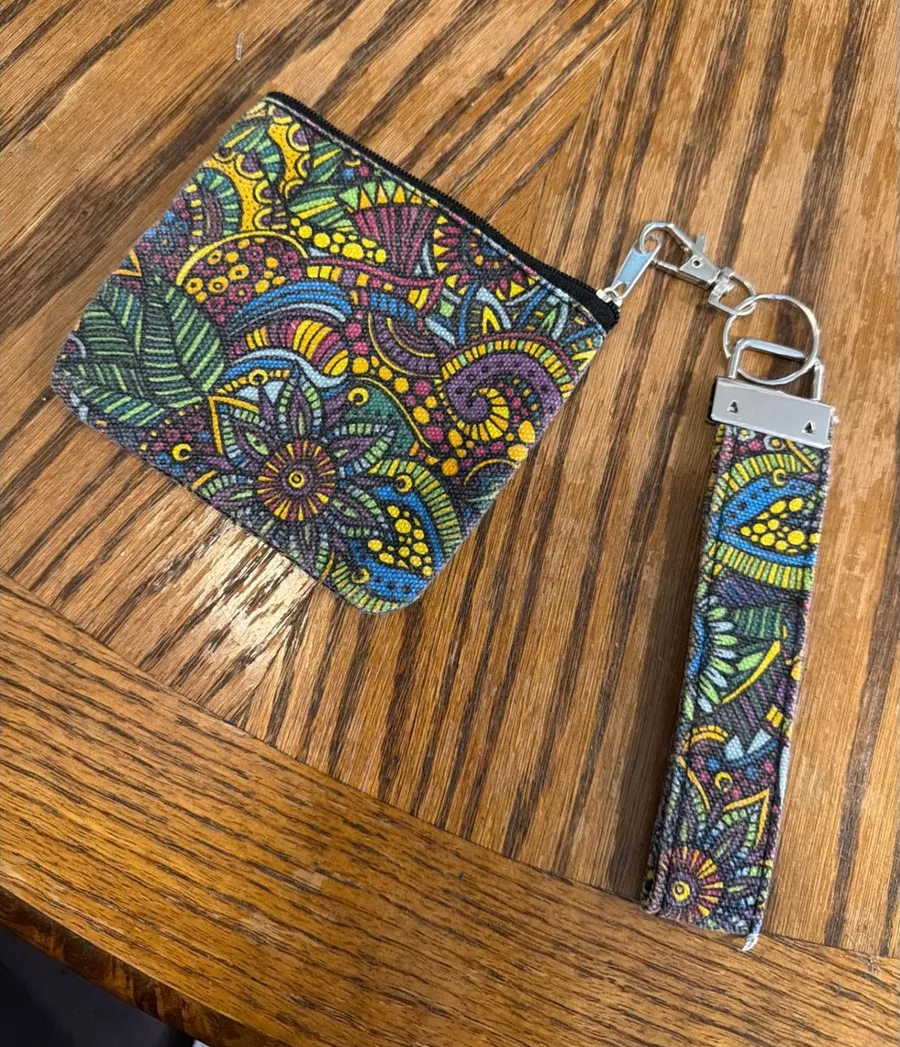 Psychedelic Floral Coin Purse Wristlet Keychain Set Multicolor Boho