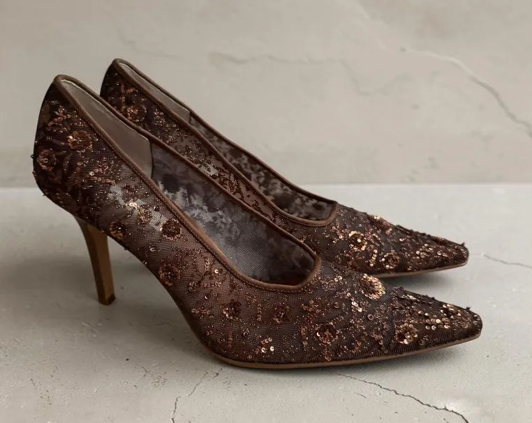LORD & TAYLOR Brown Embellished Beaded Floral Heels Size 8.5