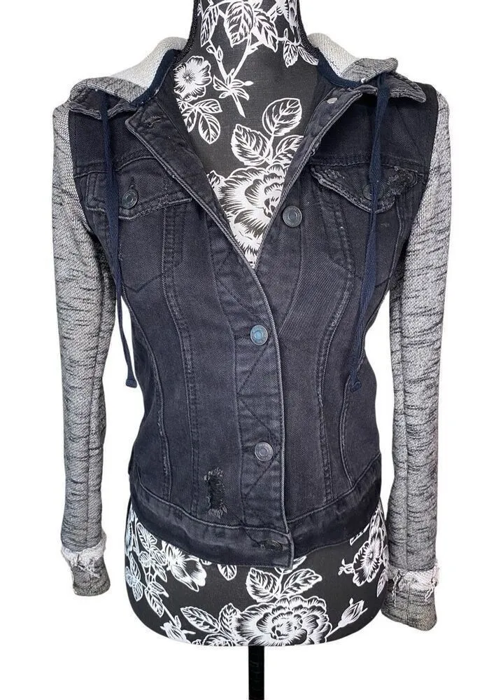 Mudd Black Denim Colorblock Hooded Jean Jacket Distressed Sweater Sleeve Grunge