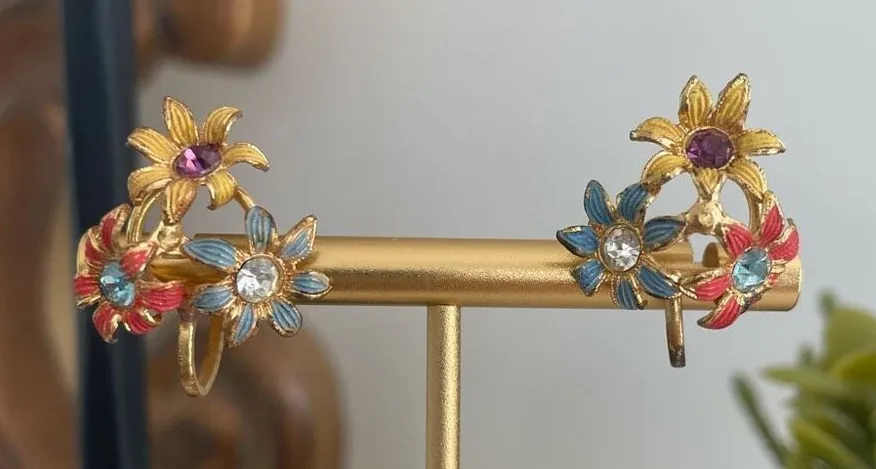 Vintage 3 Flower Rainbow Color Screw Back Earrings Blue