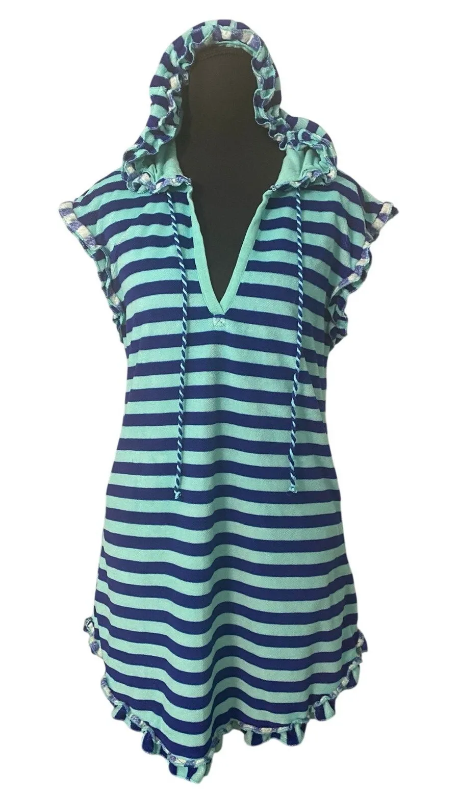 Betsy Johnson Hooded Terry Cover Up Beach Dress Ruffle Blue Striped S Pool Vacay
