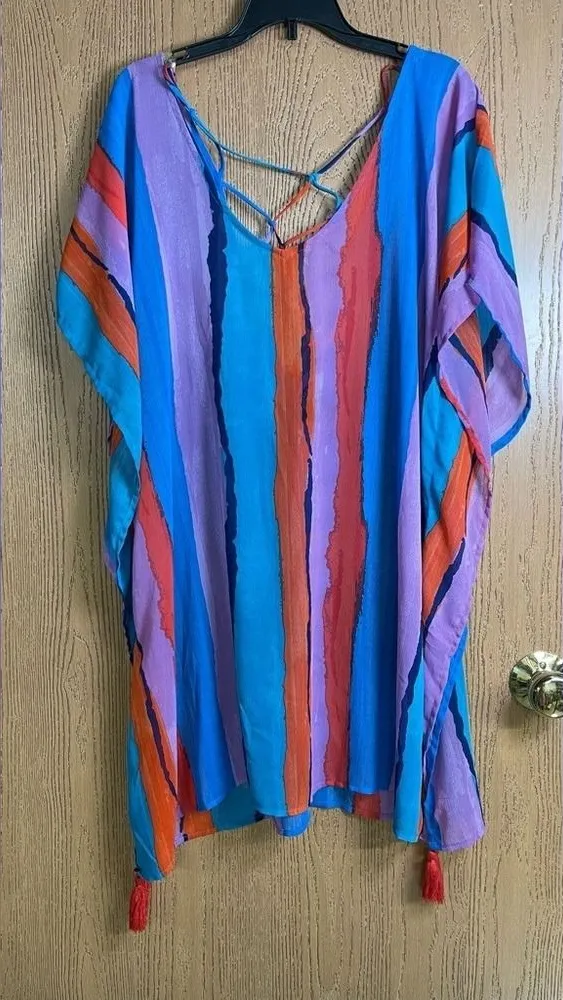 Palisades Beach Club Striped Caftan Coverup Polyester Multicolor Strappy Back Blue Size XS