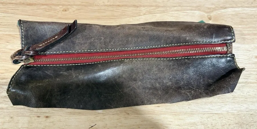 Vintage Dooney & Bourke Brown Leather 10.5" Red Zipper Panel With Brass Hardware