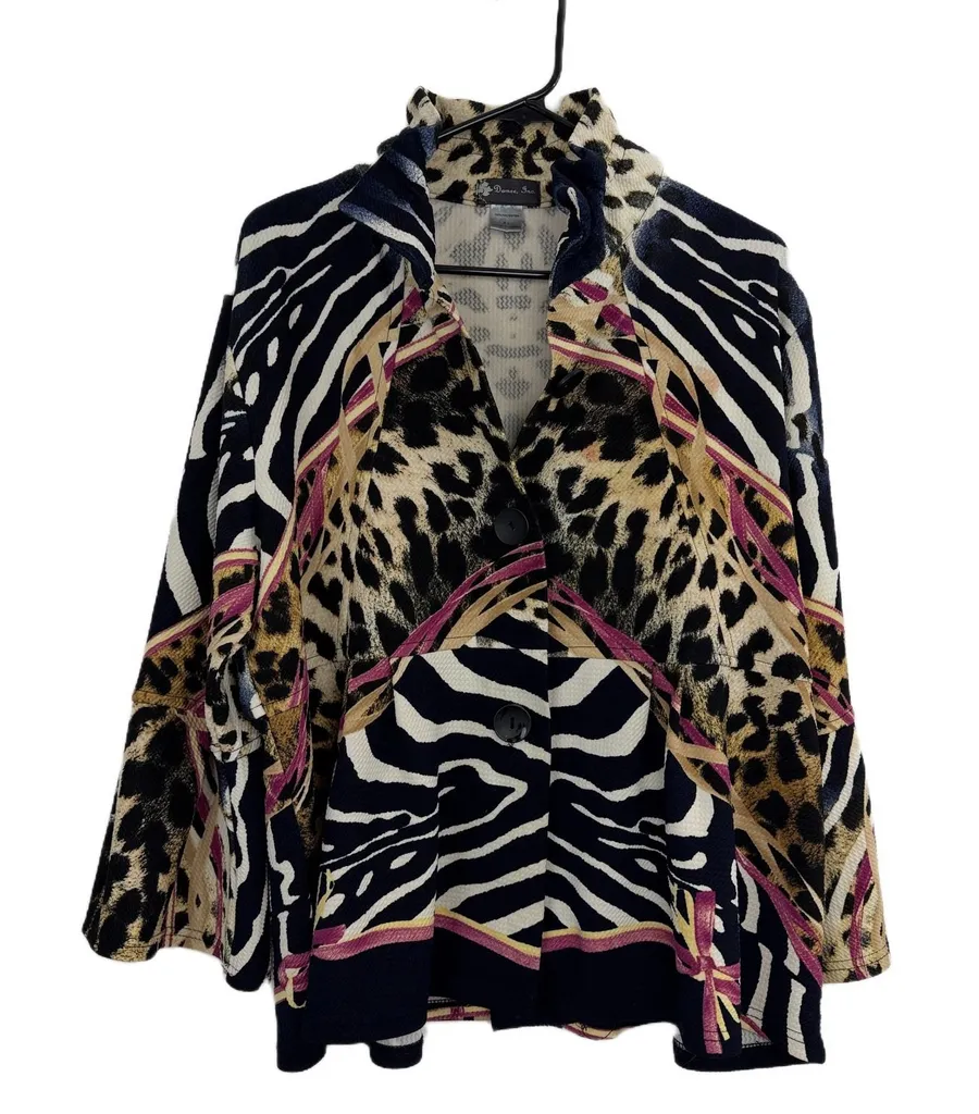 Damee Inc Jacket Womens XL Multi Animal Print Button Up Leopard Career *FLAW Brown