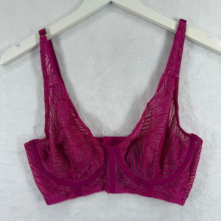 Victorias Secret Unlined Plunge Bra Hot Pink Lace Underwire Size 34D D75