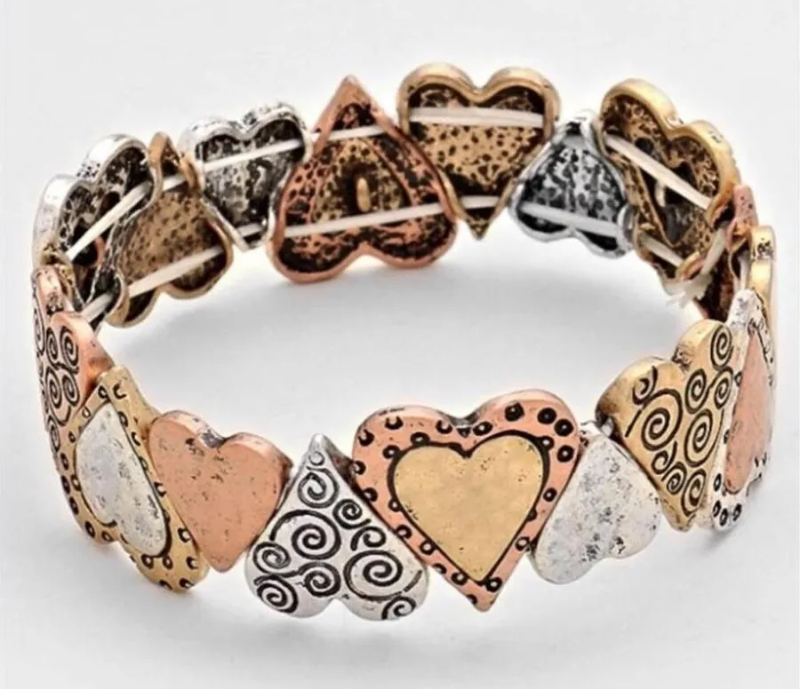 Brand New Womens Boutique Mixed Metal Hearts Hearts Stretch Bracelet Gold