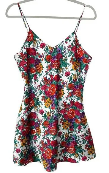 Vibrant Retro Floral Print Mini Slip Dress Chemise Nightie Spaghetti Straps Red Size M