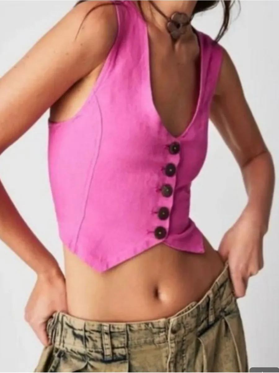 NWT Free People Reisling Vest Flower Power Small Linen Blend Boho Festival