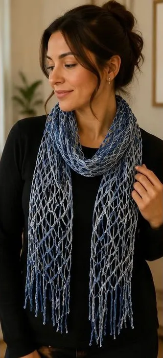 Blue Silver Ombre Mesh Scarf Wrap Fringe Open Knit Lightweight Shawl