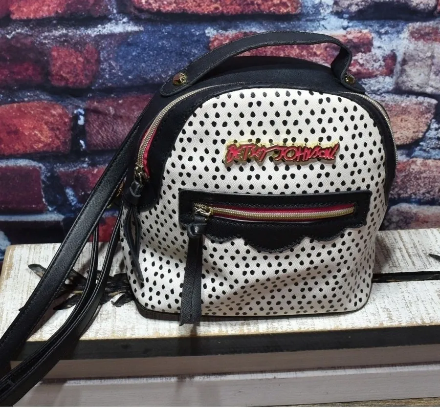 Betsey Johnson Polka Dot Mini Backpack Black White Floral Lining Scallop Trim