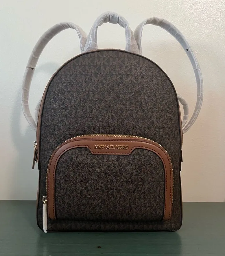 Michael Kors Jaycee Medium Backpack Brown Signature MK Logo Leather Trim