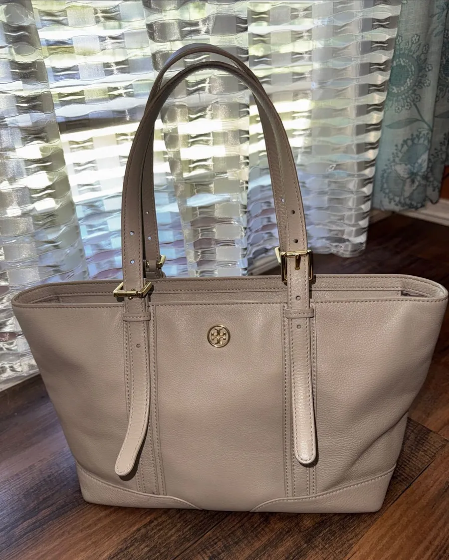 Tory Burch gray Pebbled Leather Tote with Gold Logo