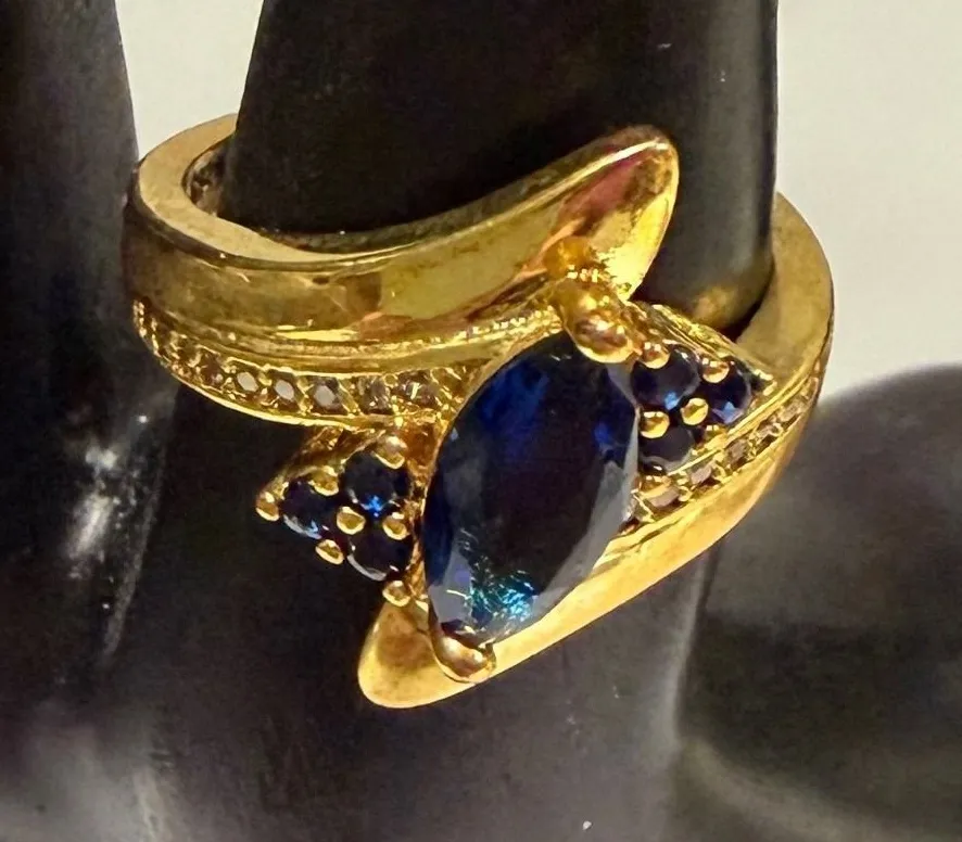 Gold Tone Marquise Blue Sapphire Cluster Ring Size 8 Statement Cocktail