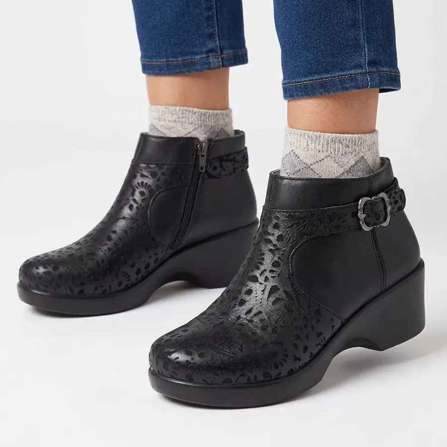Alegria Cicely Black Leather Laser Cut Floral Ankle Wedge Boots Size 38