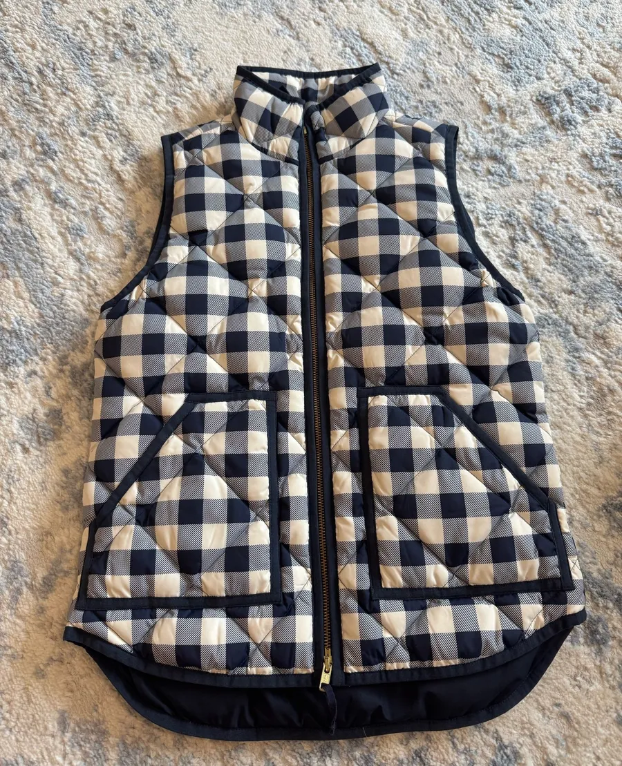 J.Crew Factory Quilted Gingham Puffer Vest in Navy