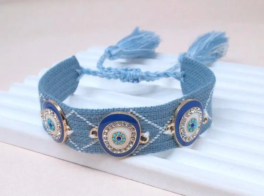Evil Eyes Woven Bracelet with Charms Stackable Wrap Fabric for summer and daily wear