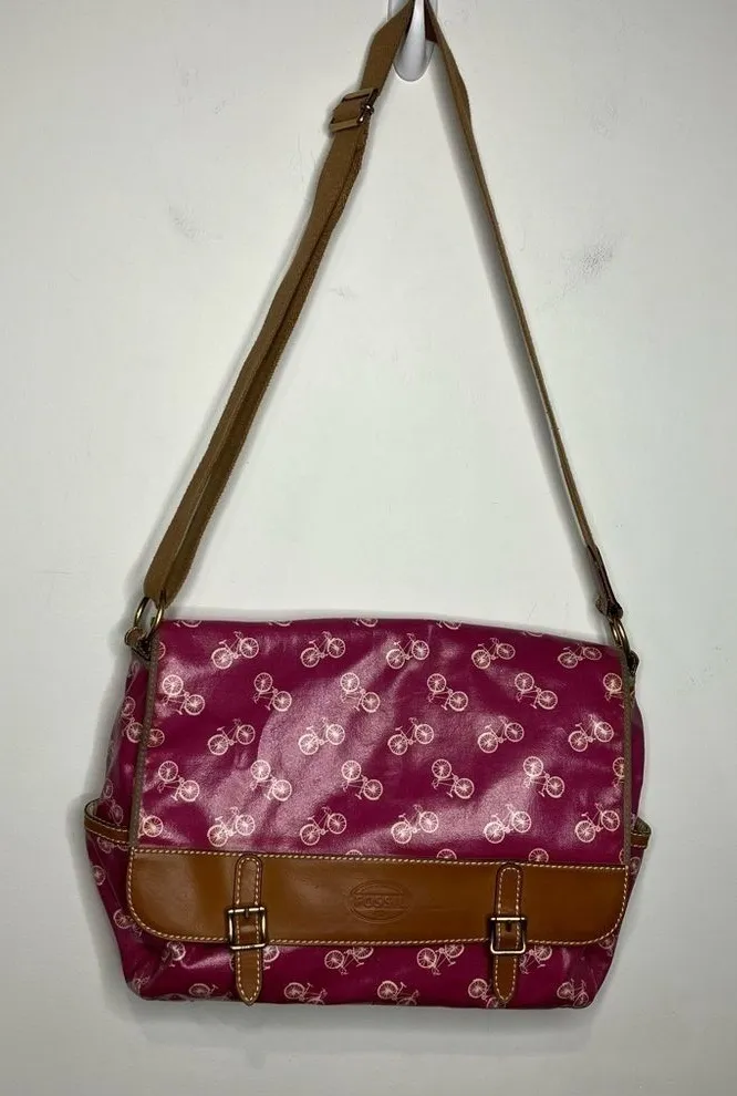 Fossil coated canvas messenger bag pink bicycle print leather trim
