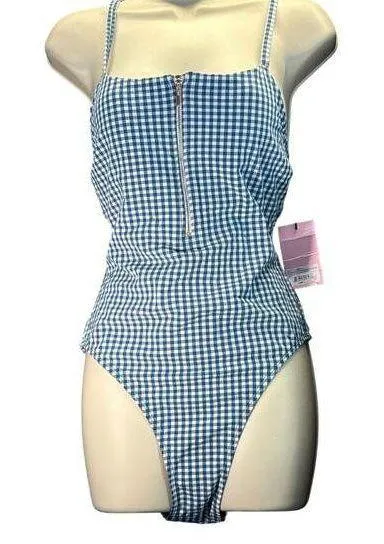 Juicy Couture Seersucker Lined Blue Gingham Zipper Front women sz L