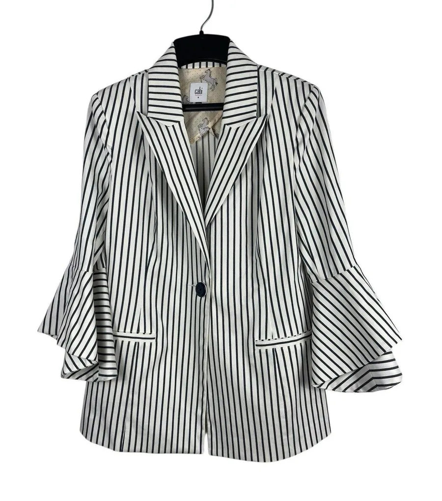 Cabi Blue White Striped Nautical Coastal Bell Sleeve One Button Blazer Office 4