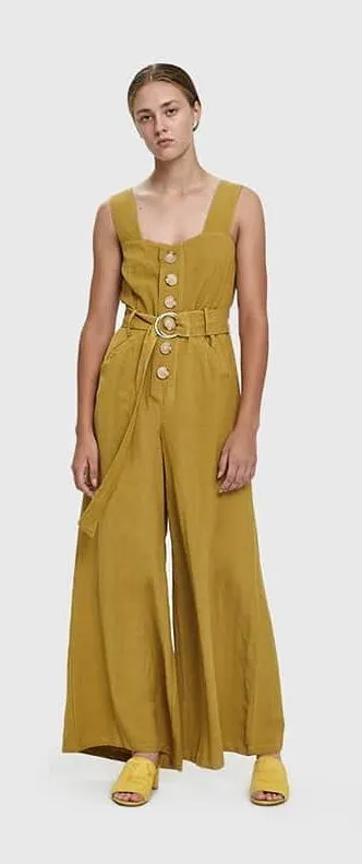 Farrow Willy Buttoned Linen Jumpsuit Mustard Medium Yellow