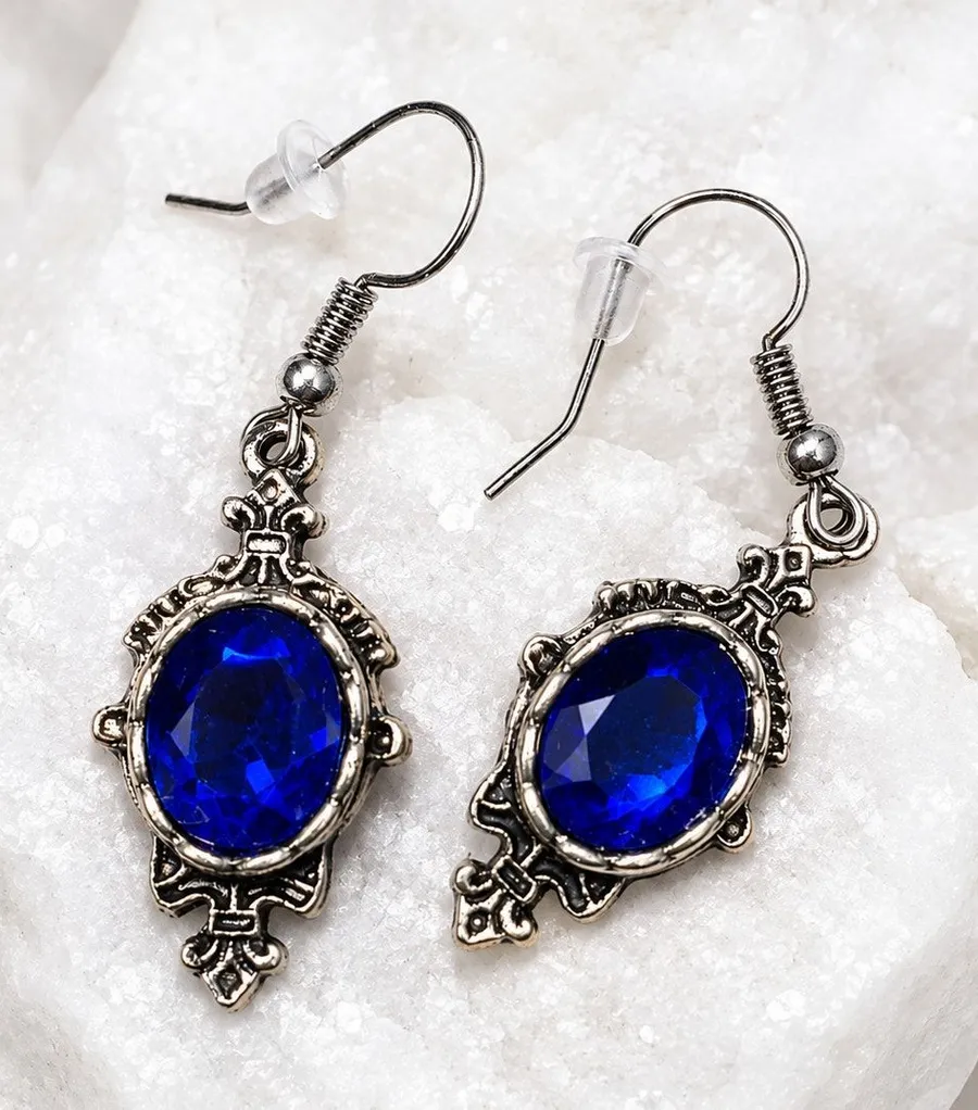 Vintage Cobalt Blue Crystal Dangle Earrings Silver Tone 1" Victorian Style