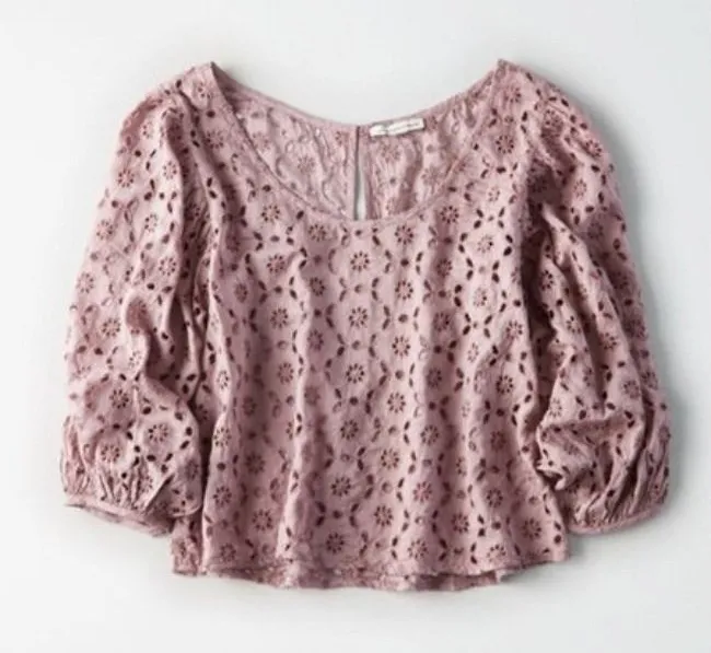 American Eagle Outfitters Eyelet Puff Sleeve Crop Top Dusty Rose XS