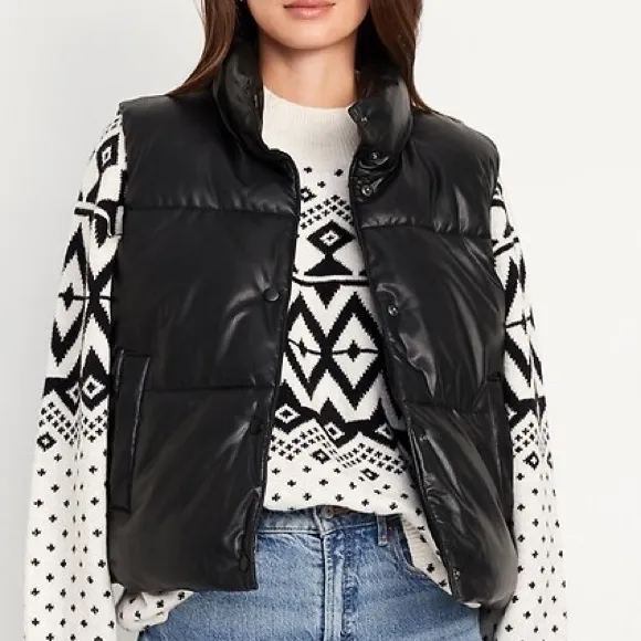 Old Navy Faux Leather Puffer Vest Women’s XL Black Sleeveless Quilted Jacket