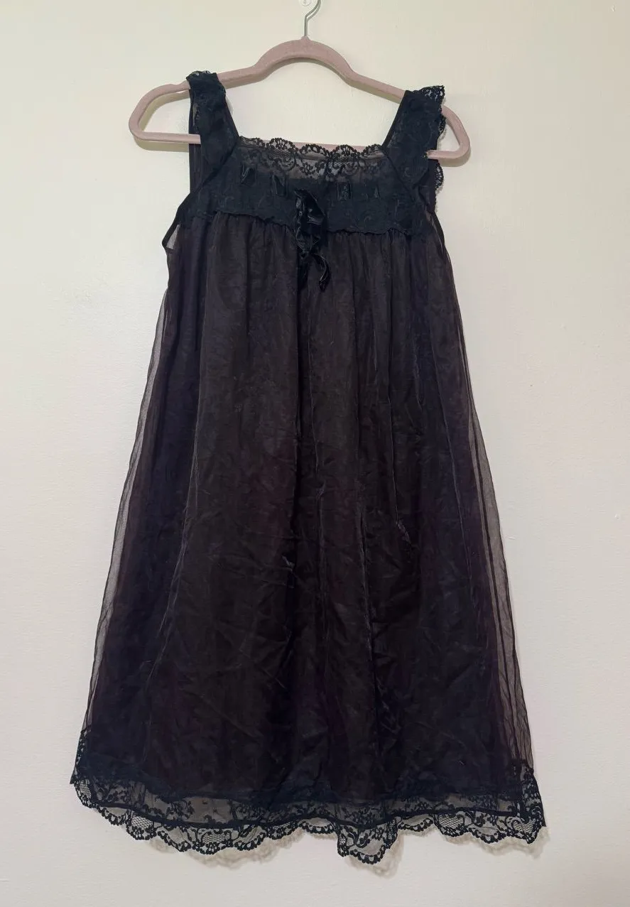 1950’s Sleeveless Sheer and Lace Midi Black Nightgown Size M