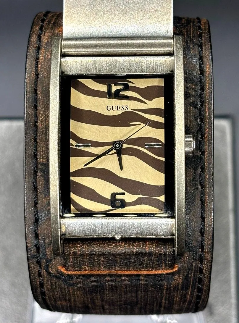 Vintage GUESS G55342L Armored Tiger Leather Cuff Flip Cover Y2K Watch
