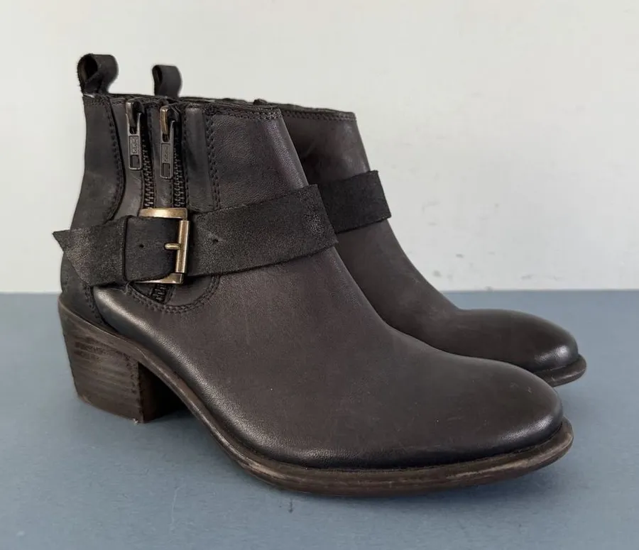 Roan by Bed Stu Liza Black Leather Buckle Western Moto Ankle Boots Size 6