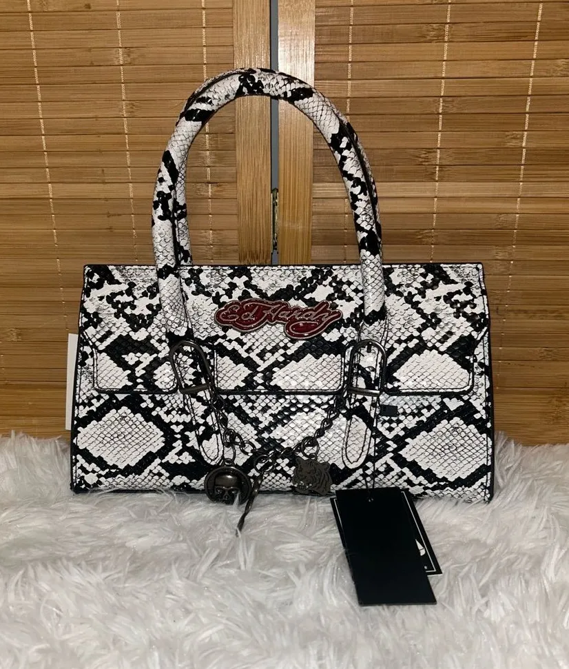 Ed Hardy Handbag Grey Snakeskin Charms Detachable cross body Strap purse NWT