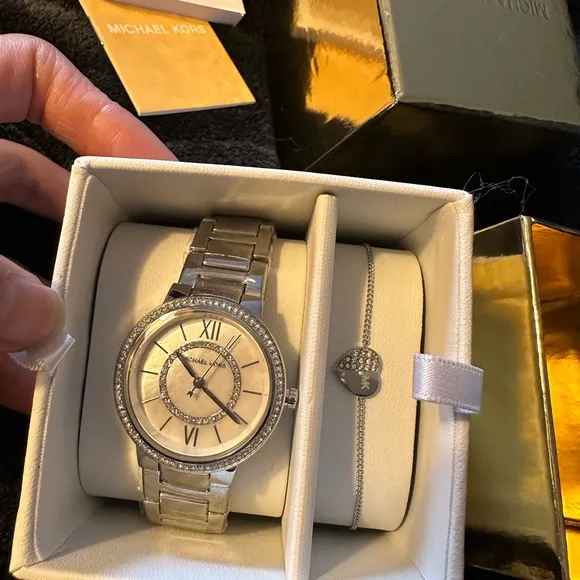 Michael Kors Gabbi Stainless Steel Watch and Silver pave Crystal Heart Bracelet