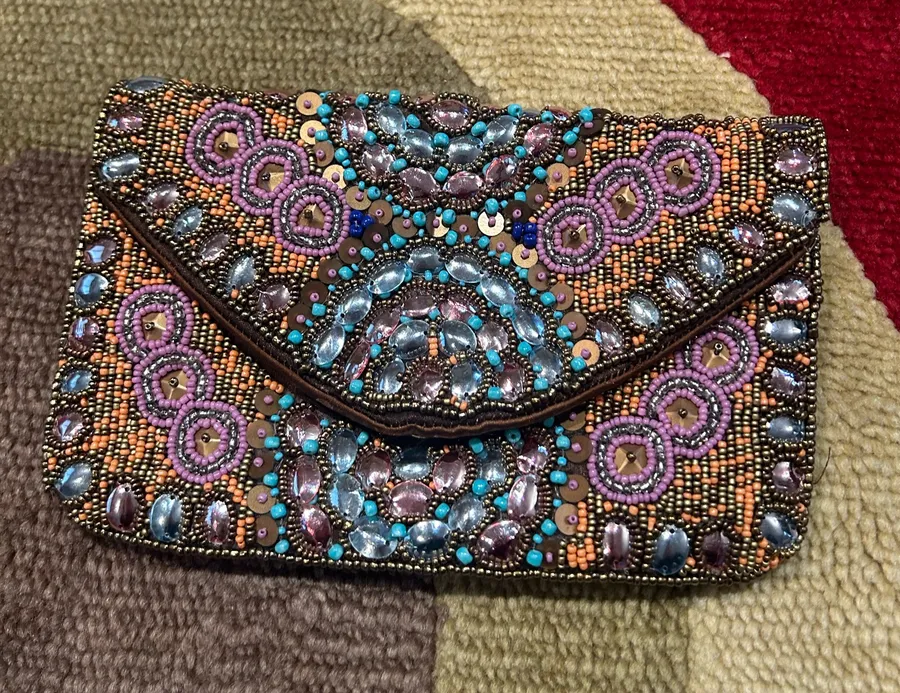 Brown Beaded Sequin Satin Envelope Clutch Evening Purse Formal Bag No Straps
