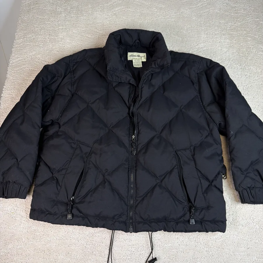 Women's Vintage Eddie Bauer Large Goose Down Puffer Jacket Black Winter Coat
