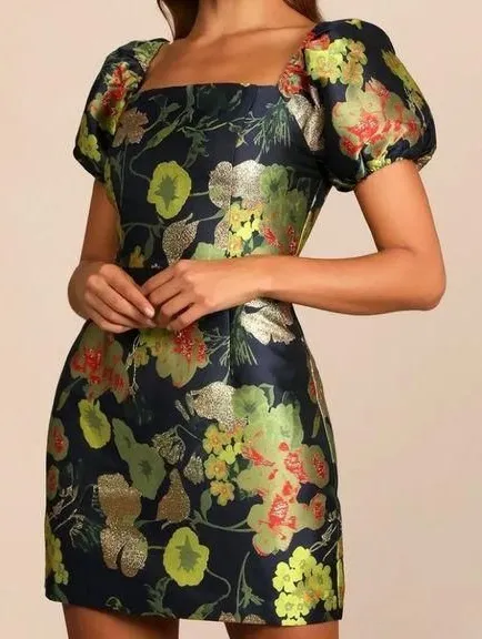 Lulu’s So Stunning Navy Blue Floral Jacquard Puff Sleeve Mini Dress small