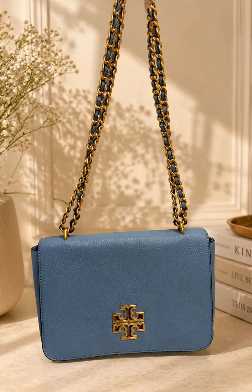 Tory Burch Britten Pebbled Leather Convertible Shoulder Bag Blue Purse EUC
