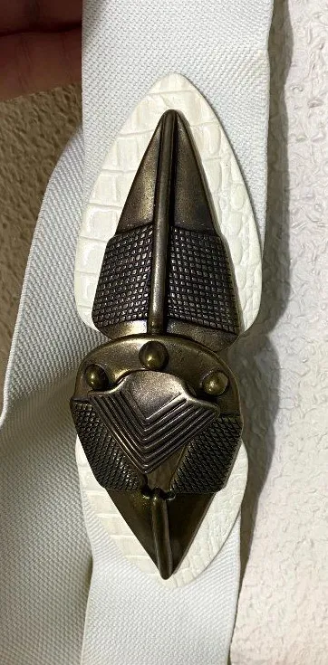 Vintage Style White Stretch Belt Ornate Bronze Clasp Womens One Size