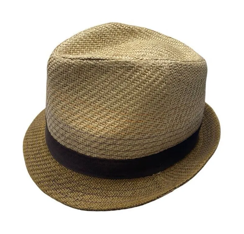 Short Brim Paper Straw Fedora Hat Summer Vacation Beach Travel Formal Costume Gray