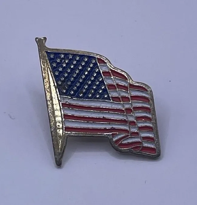 Vintage Small American Flag USA Patriotic Gold Toned Metal Hat Lapel Pin