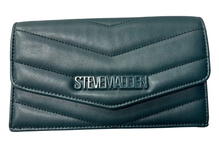 Steve Madden Wallet Chevron Quilted Teal Faux Leather Magnetic Snap Logo Clutch