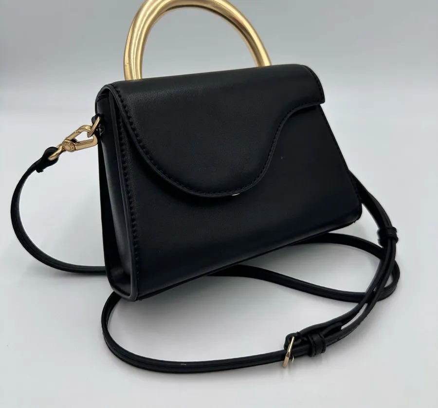 ANGULAR FLAP METALLIC TOP HANDLE BAG BLACK