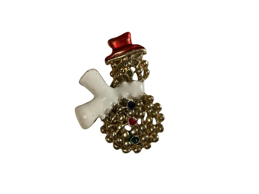 Vintage Gold Tone Filigree Snowman Brooch – Enamel Red Hat & White Scarf