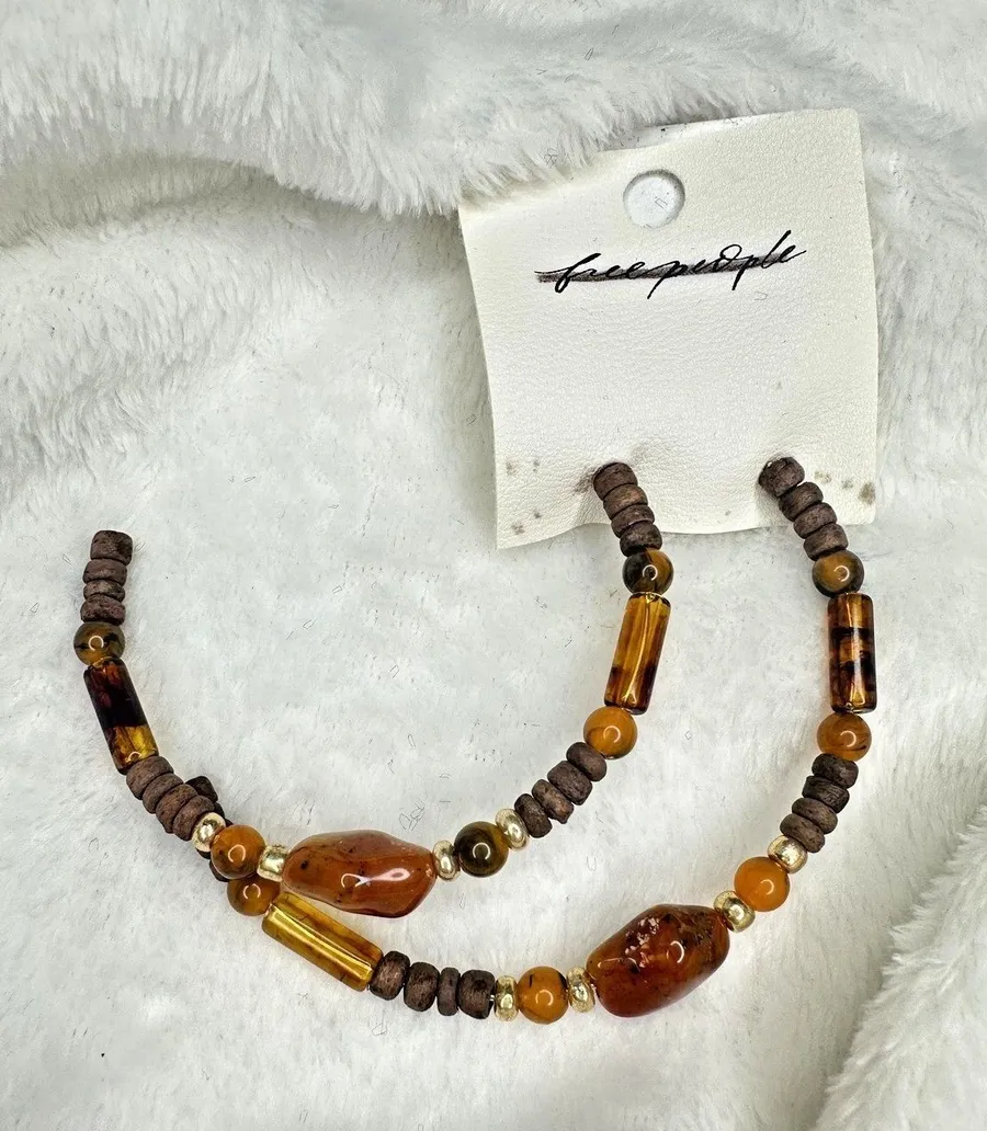 NEW Free People Beaded Hoop Earrings Set Brown Gold Tone Bohemian Beads Chic