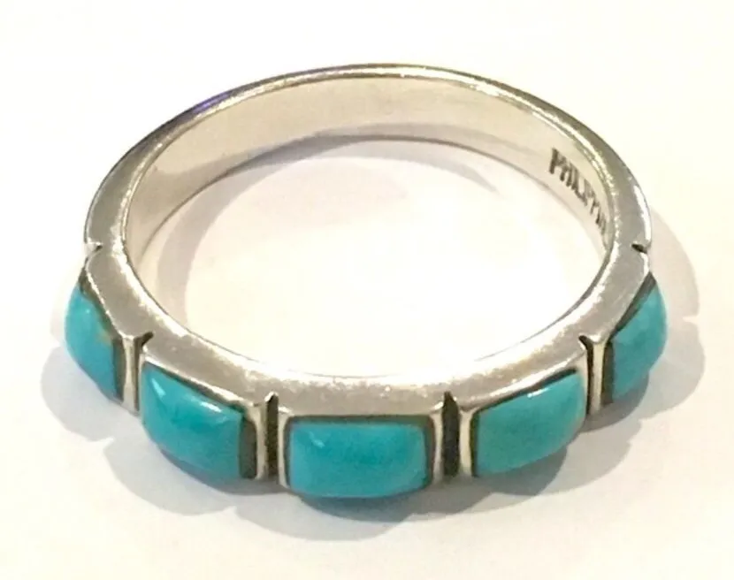 Sterling Silver Turquoise Cabochon Inlay Band Ring Sz 8 Blue