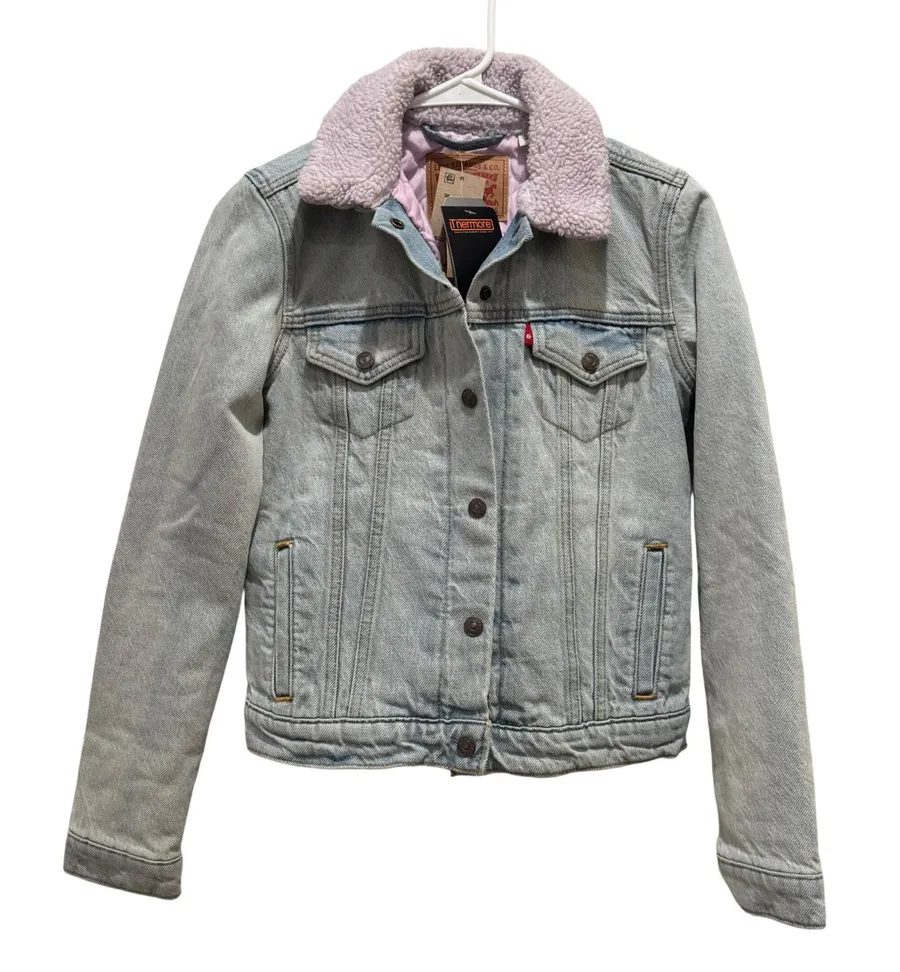 NEW Levis Ex-Boyfriend Trucker Jacket Size XS Blue Lavender Sherpa Denim 36135