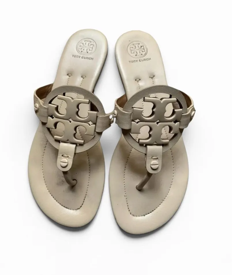 Tory Burch Miller Sandals in Light Beige Leather with Logo Medallion