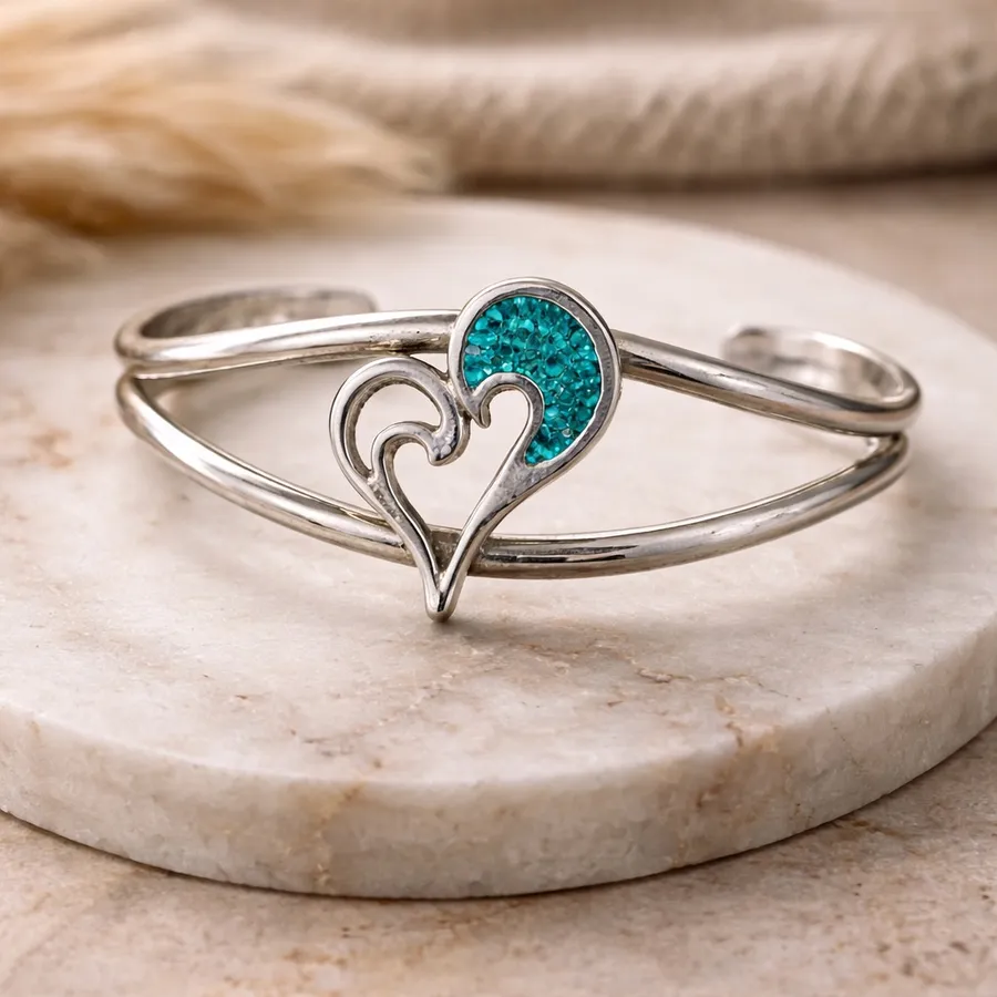 Vintage Sterling Silver Turquoise Inlay Heart Cuff Bracelet